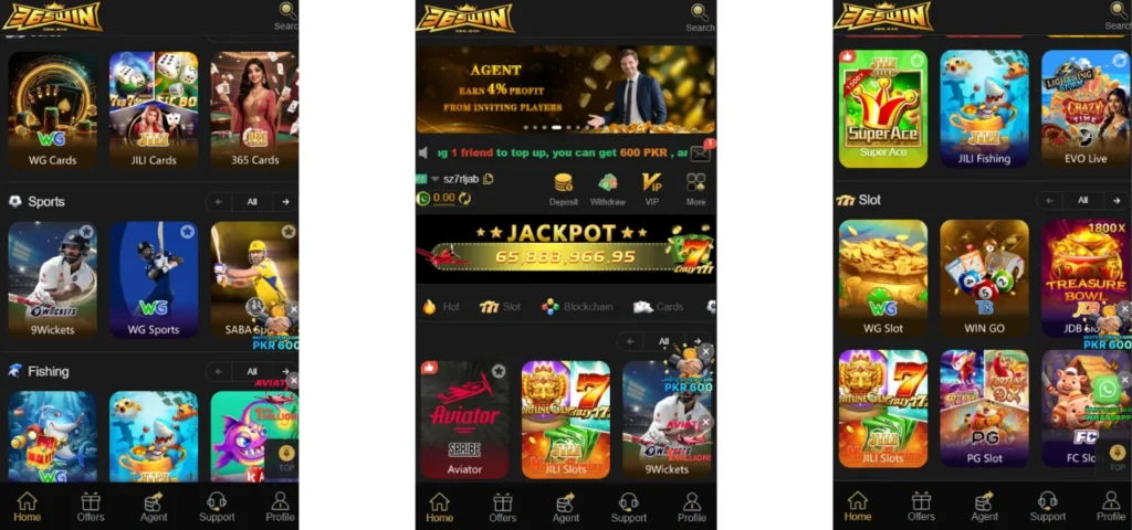Screenshot of the 365WIN mobile app interface showing various game categories, promotional banners, and user dashboard.