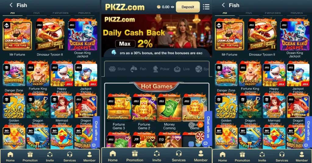 Screenshot of a mobile casino gaming app interface showcasing fish-themed slot and arcade games with titles like "Ocean King Jackpot," "Dinosaur Tycoon II," and "Happy Fishing" under the “Fish” and “Hot Games” categories.