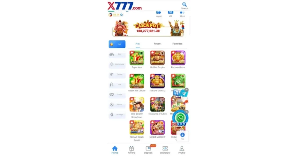 Screenshot of the X777 game app home screen displaying various card and slot games, jackpot banner, and menu options.