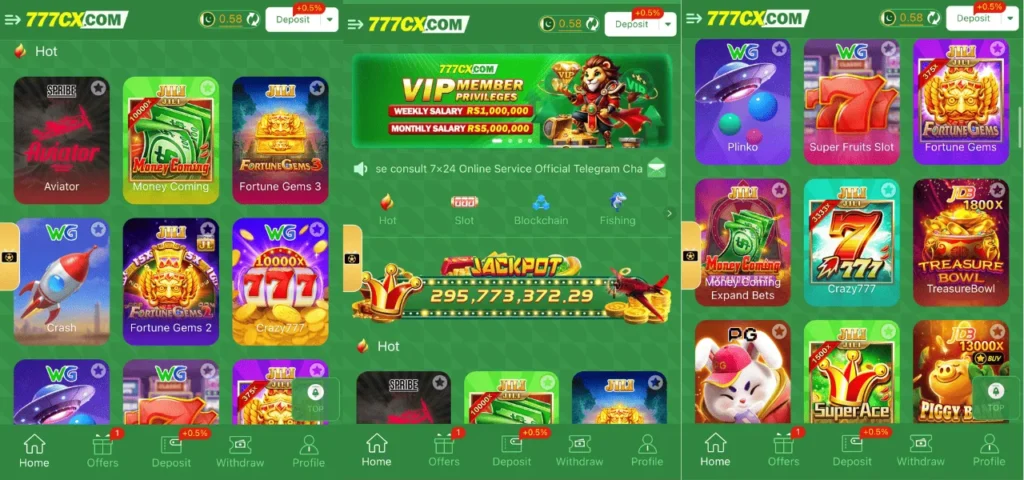 Screenshot of the 777CX app home screen showing various game icons, a deposit button, wallet balance, and navigation bar at the bottom.