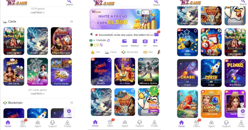 Screenshot of the K2.GAME app interface showing various online casino games, categories, and promotional banners.