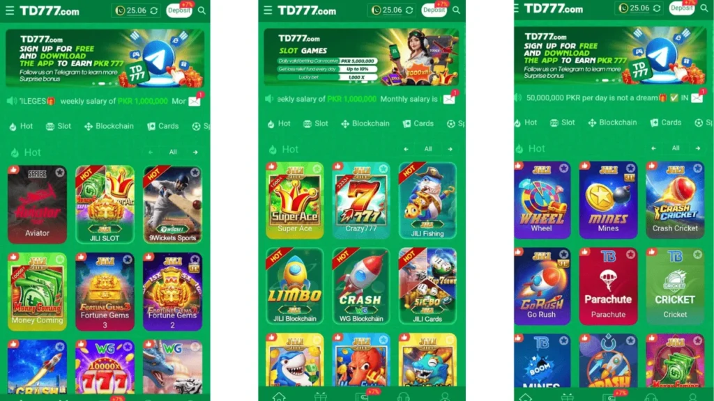 TD777 Game home screen with real cash rewards and exciting game icons