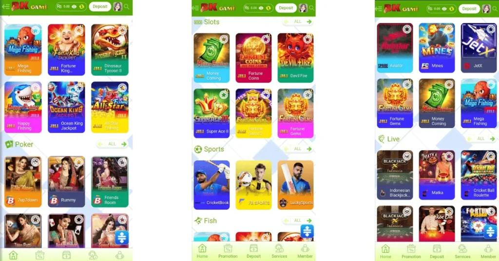 "BK.Game logo over a colorful grid of popular online games and casino-style app icons"