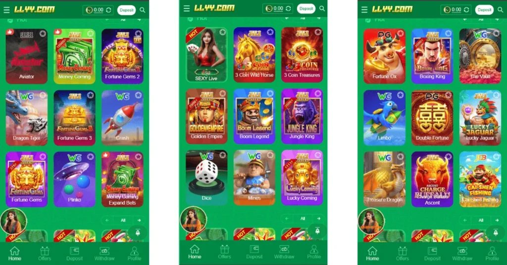 LLYY Game app interface showing various casino and arcade-style game icons across three green-themed screens.