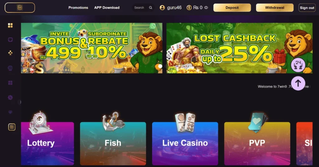 "7Win9 game dashboard showing bonus offers and game categories like Lottery, Fish, Live Casino, PVP, and Slots"