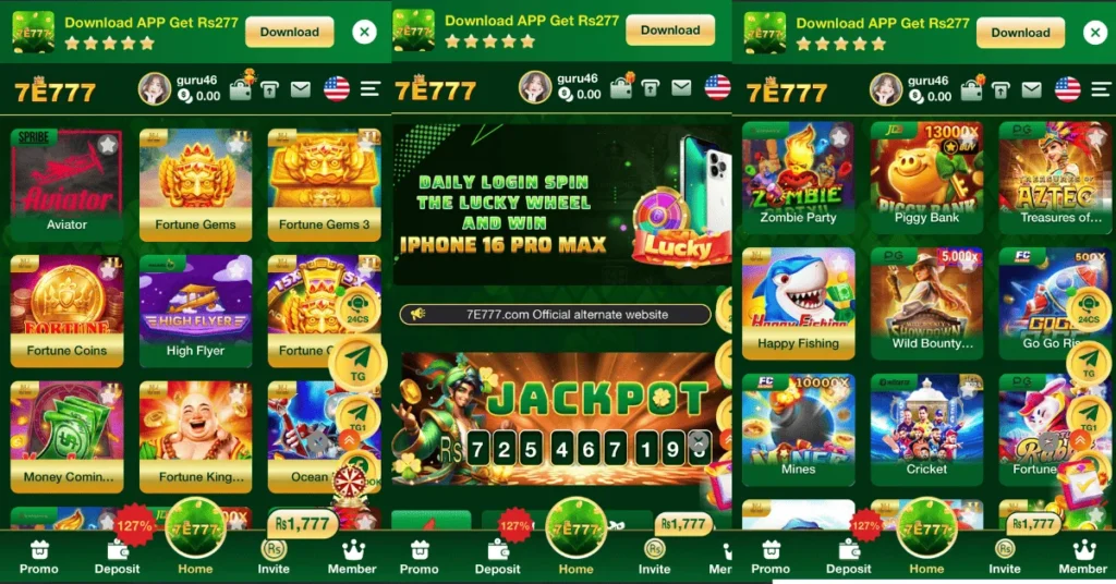 Screenshot of 7E777 online casino app homepage showing various slot games, a jackpot banner, and promotional offers.