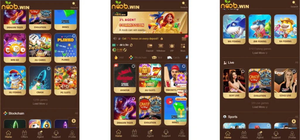 Screenshots of the Noob.win gaming app interface showing various casino and slot games, live dealer options, and promotional banners.