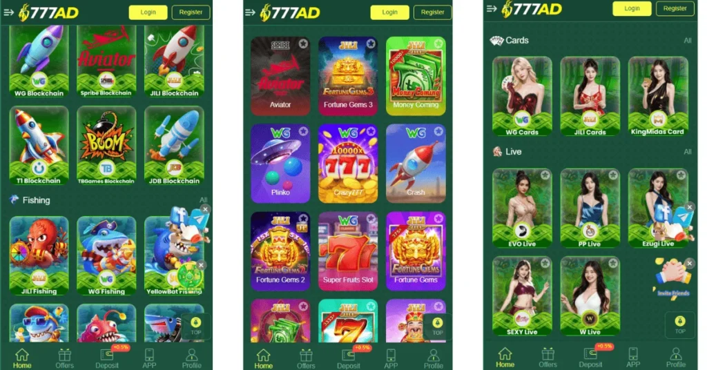 Screenshot of the 777AD gaming app interface showing various casino games, fishing games, card games, and live dealer options.