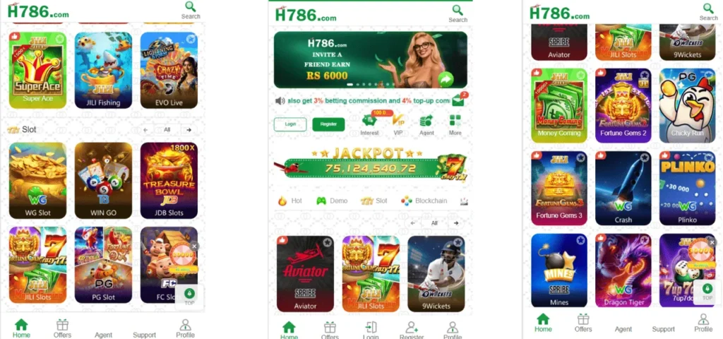 Screenshot of the H786.com gaming app interface showing various casino-style games like slots, Aviator, JILI Slots, 9Wickets, and a banner advertising a ₹6000 referral bonus.