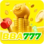 BBA777 Game app icon featuring a golden piggy bank on stacked coins with a red mallet, flying coins, and the text "BBA777" on a bright yellow background.