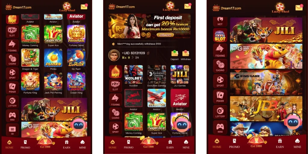 Dream17 mobile app interface showing casino games, slots, and earning options.