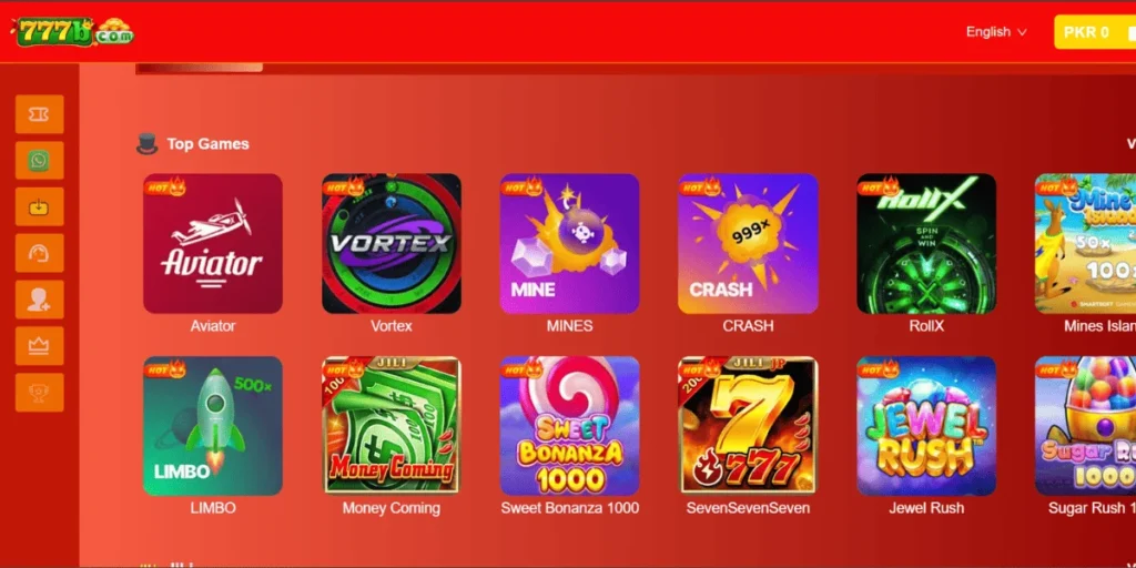Homepage of the 777b.com app displaying various online casino games like Aviator, Vortex, Mines, Crash, RollX, and more on a red-themed interface.