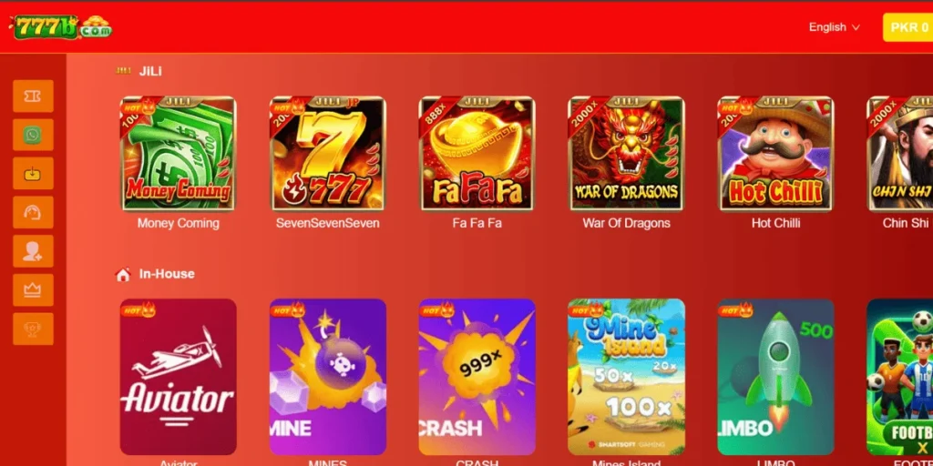 Homepage of the 777b.com app displaying various online casino games like Aviator, Vortex, Mines, Crash, RollX, and more on a red-themed interface.