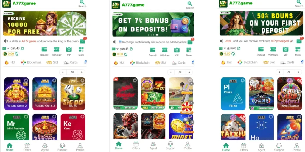 Screenshots of the A777 Game app interface showing game categories, promotions, and casino-style games.