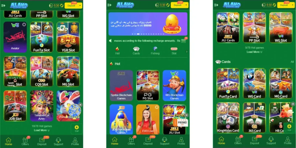 Screenshots of the Alano Fishing app showing various game options like slots, cards, and live casino features.