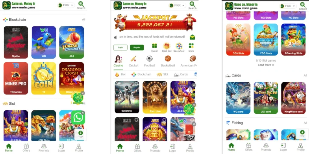 Screenshot of the Mwin Game online gaming platform showing various game categories like Blockchain, Slot, Cards, and Fishing with colorful game icons.