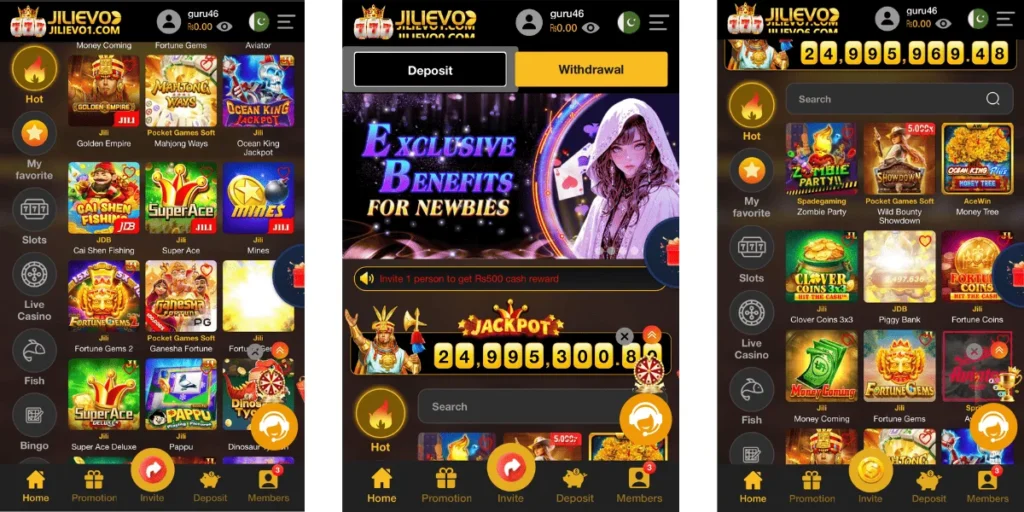 JILIEVO Game mobile app interface showing various slot games, deposit options, and jackpot features.