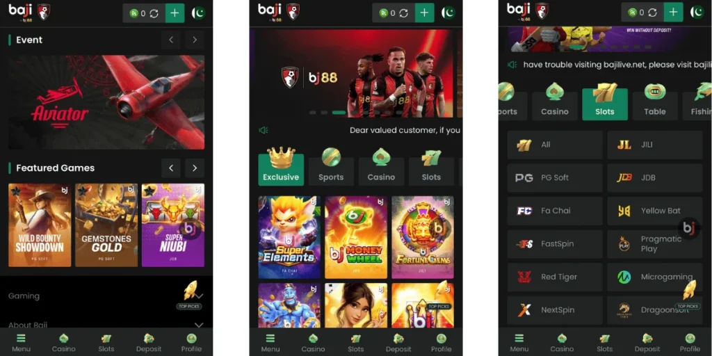 Screenshot of the BJ888 Game mobile app interface showing featured games like Aviator, Super Elements, and Fortune Gems, with menu options for Casino, Slots, and Deposit.