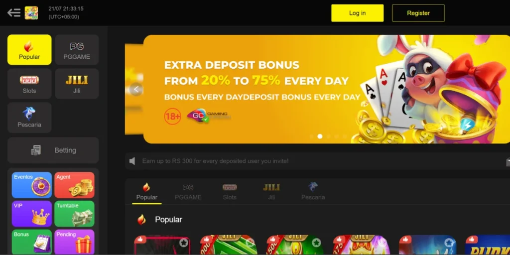 A game lobby interface displaying various arcade and slot games like Aviator, Money Coming, Super Ace, Fortune Gems, Dragon & Tiger, and more, with a black-themed background and vibrant game icons.