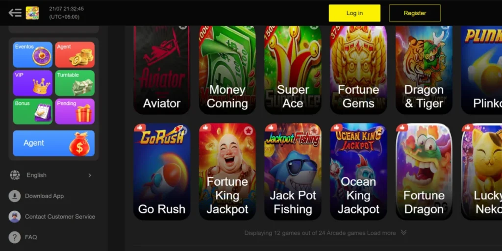 A gaming dashboard showing colorful arcade and casino-style games like Aviator, Money Coming, Super Ace, and more, with login and register buttons at the top.