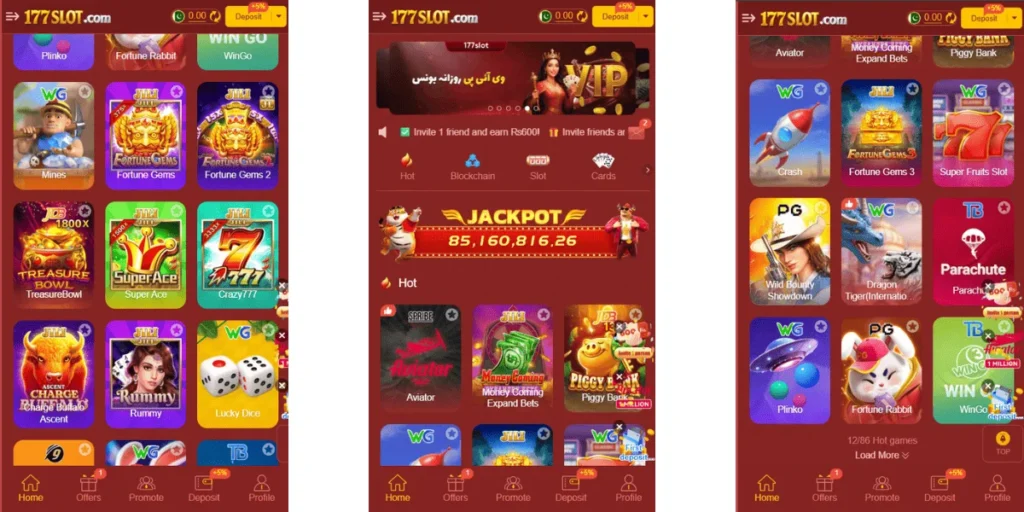 Screenshot of the 177 Slot app showing casino, card, and slot games with deposit options, jackpots, and promotional offers.