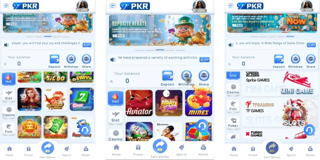 97 PKR Game mobile app interface showing casino, slot, and betting game options with deposit and withdrawal features.