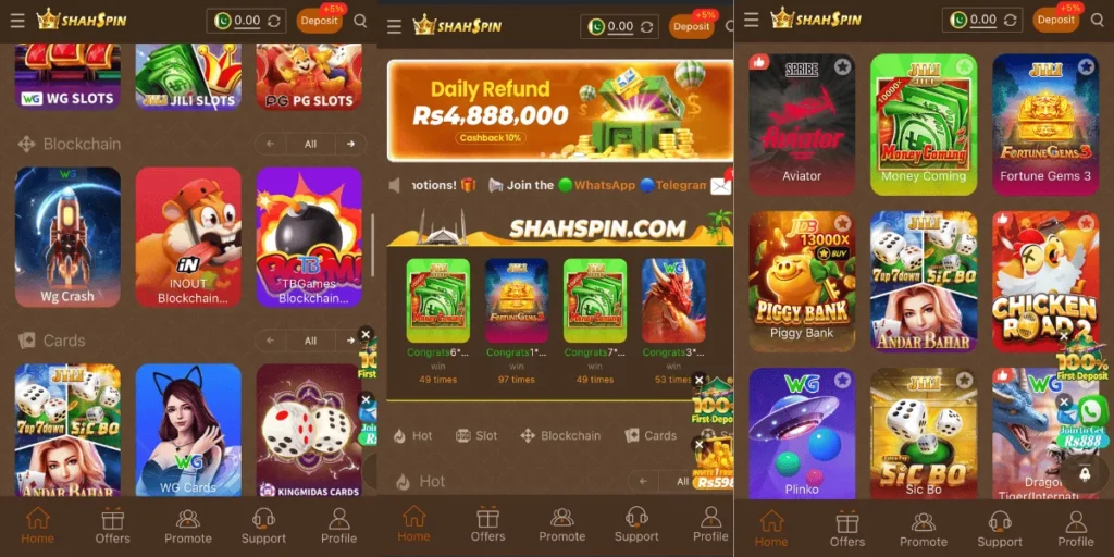 Screenshot of Shah Spin Game app showing casino games, card games, slots, blockchain games, and promotional offers.