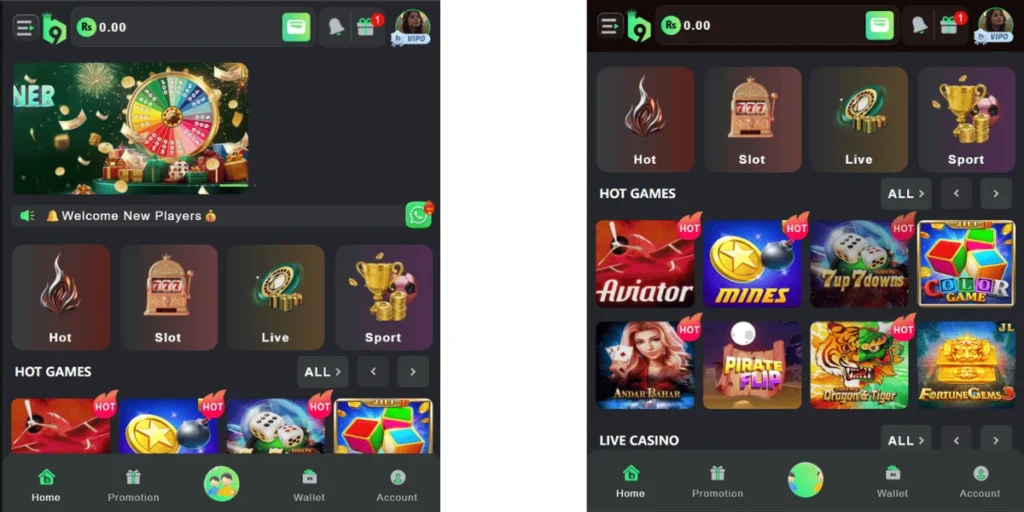 B9 Game mobile app interface showing game categories like Hot, Slot, Live, Sport, and popular casino‑style games such as Aviator, Mines, 7up 7down, Color Game, and Dragon vs Tiger.
