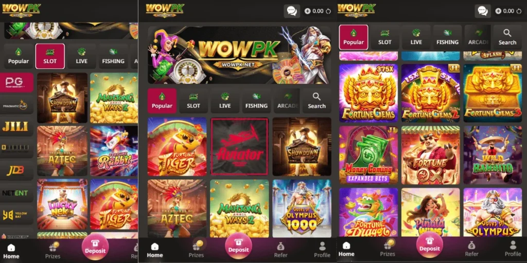 WOWPK Game mobile interface showing slot and casino games including Fortune Gems, Showdown, Aztec, Aviator, and more with options like Popular, Slot, Live, Fishing, and Arcade.