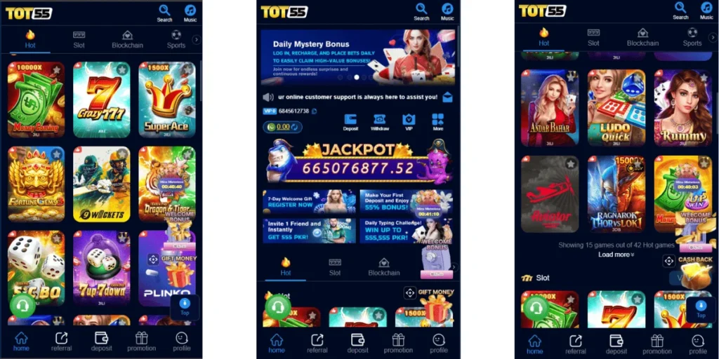 TOT55 Game mobile app interface showing slot games, jackpot banner, bonuses, and popular casino-style games on a dark blue theme.