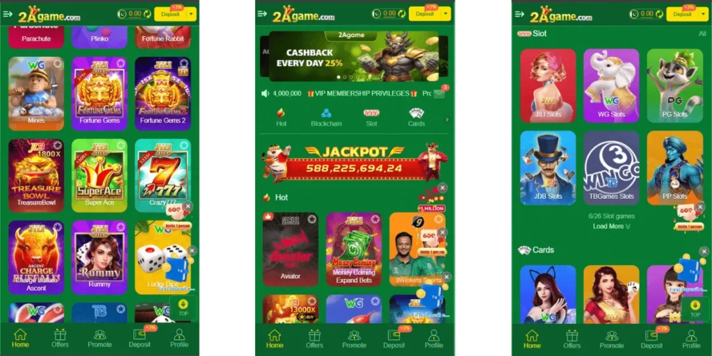 Screenshot of 2A Game mobile app showing various casino and slot games with colorful icons and deposit options.