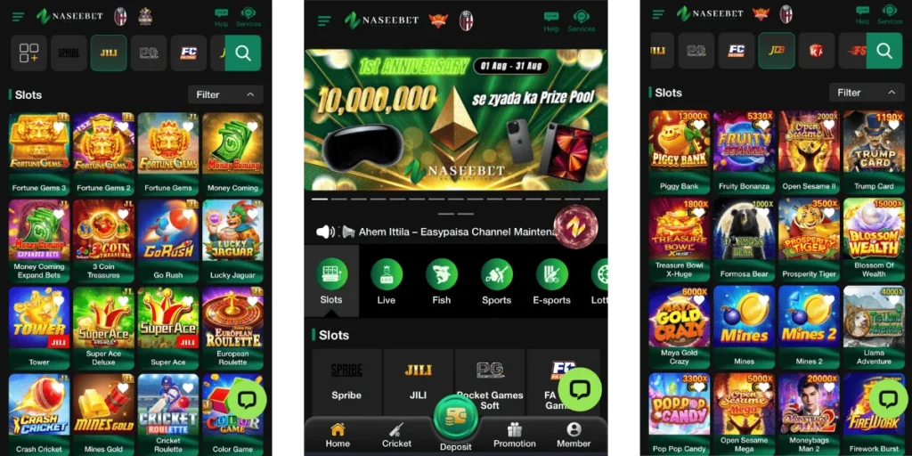 NASEEBET mobile app interface showing slot games, prize pool banner, and categories like Live, Fish, Sports, and E-sports.