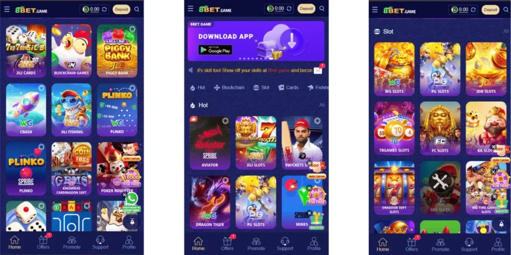 8Bet Game mobile app interface showing casino, slots, card, and betting games with colorful icons and features.