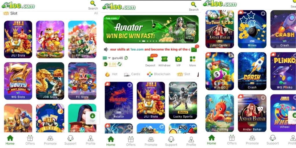 1EE Game app interface showing various casino games like slots, Aviator, Andar Bahar, Crash, and more, along with options for deposit, withdraw, and promotions.