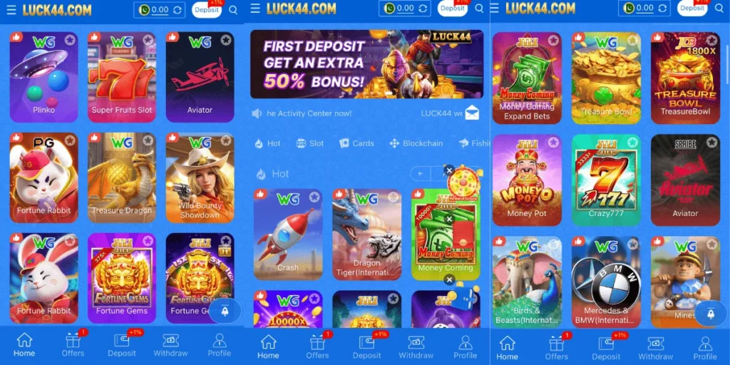 Screenshot of Luck 44 Game online casino platform showing various slot, card, and arcade games.