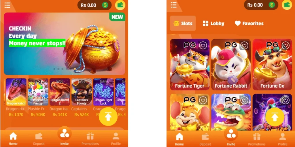 LS168 Game app interface showing slot games, promotions, and daily check-in rewards