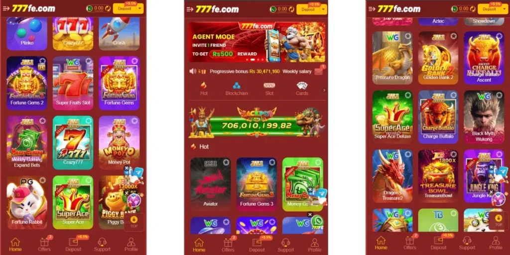 Screenshot of 777fe.com mobile casino app showing various slot games, jackpots, deposit options, and promotional offers.