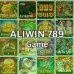 ALIWIN 789 Game promotional image showing different casino and slot games like Piggy Bank, Aviator, Gold, Aztec, and more.