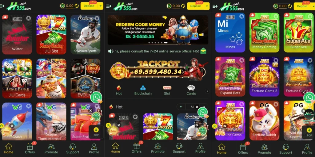 H555 Game app interface showing casino, card, slot, and sports games with jackpot banner