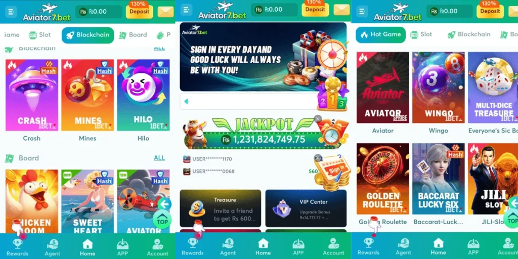 Aviator 7Bet app interface showing popular casino games, jackpot banner, rewards, and deposit options.