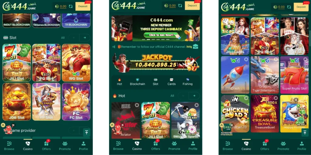 C444 Game mobile app interface showing slots, card games, Aviator, promotions, and jackpot banner.