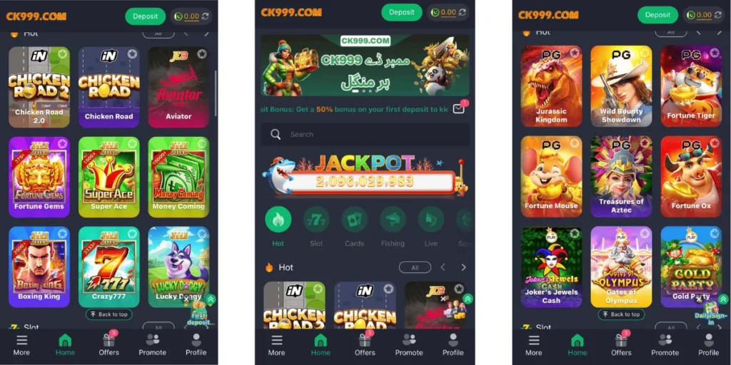 Screenshot of CK999 casino gaming app interface showing slot games, jackpot banner, and deposit options.