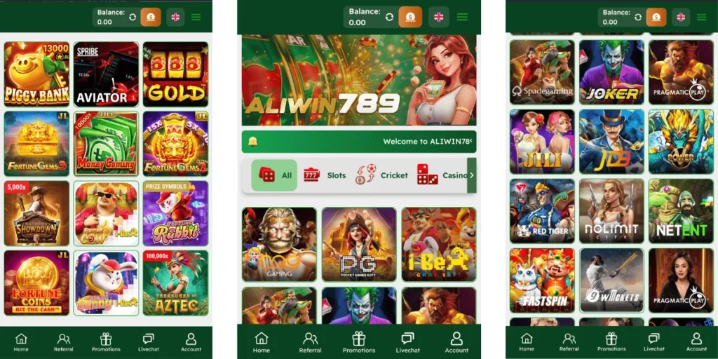 ALIWIN 789 mobile game interface showing slot games, casino options, cricket, and various popular gaming providers like PG, JILI, Red Tiger, and Pragmatic Play.