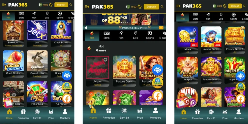 PAK 365 Game app interface showing different casino-style games like Aviator, Fortune Gems, JetX, and slot games.