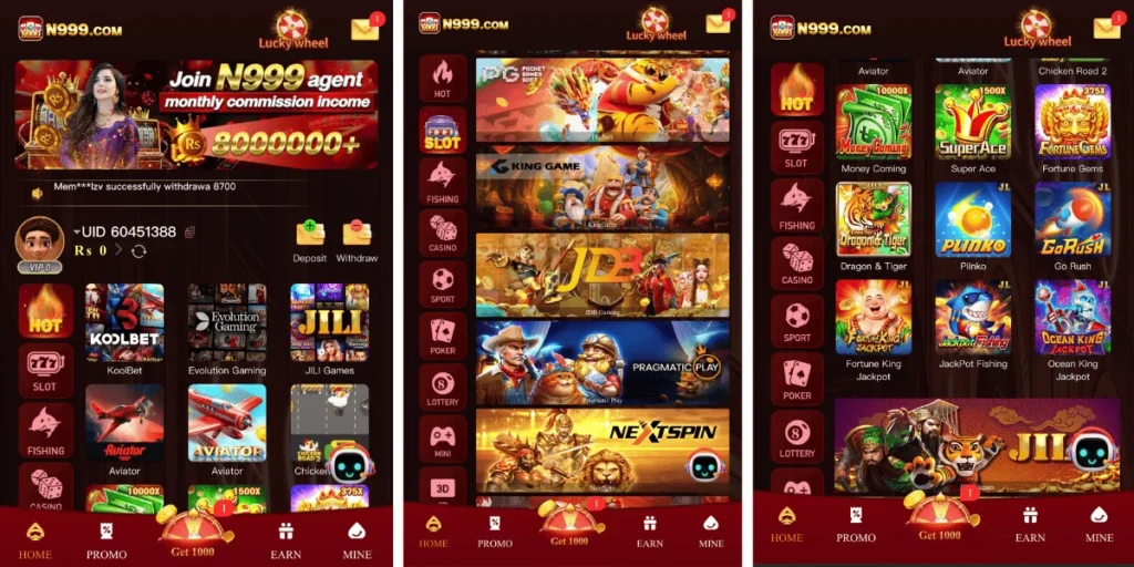 N999 Game mobile app interface showing slots, casino, fishing, poker, and other gaming categories with deposit and withdraw options.