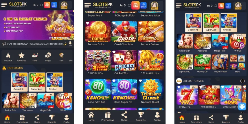 SlotsPK mobile app interface showing popular casino games like Cricket King, Super Ace, Fortune Coins, Andar Bahar, Mega Fishing, and more.
