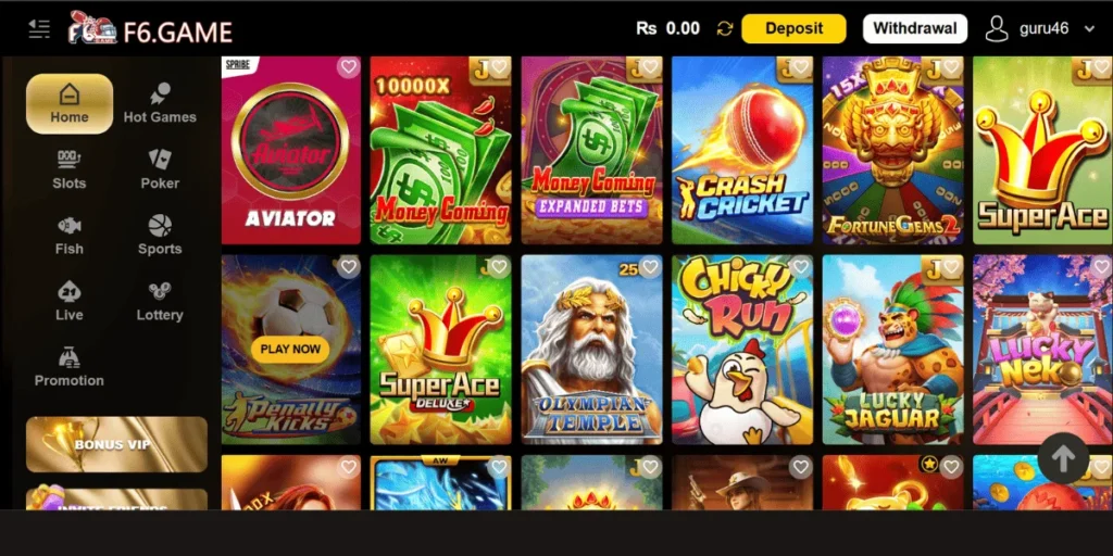 F6 Game app homepage showing popular online games like Aviator, Money Coming, Crash Cricket, Fortune Gems, Super Ace, Olympian Temple, Chick Run, Lucky Jaguar, and Lucky Neko.