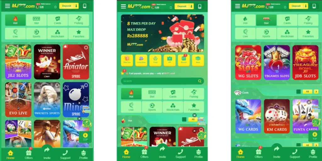 MJ77 Game mobile app interface showing slots, cards, sports, fishing, and live gaming categories with deposit and support options.