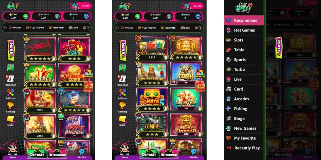 Screenshots of Hi Baazi Casino mobile app showing game lobby, slot games, categories menu, and deposit/withdraw options.