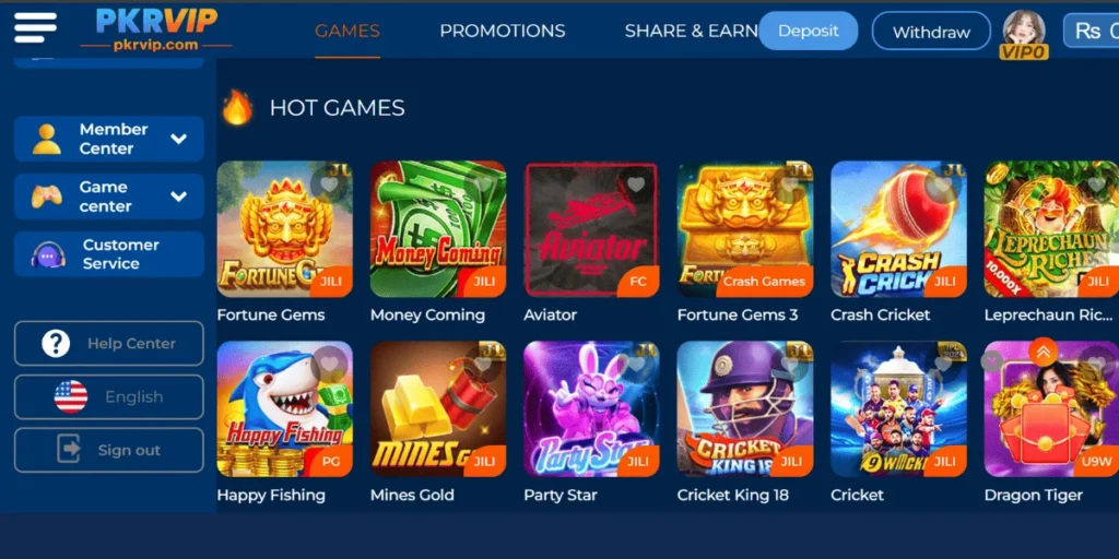 PKR VIP Game interface showing the game center with popular casino and card games like Aviator, Fortune Gems, Crash Cricket, and more.